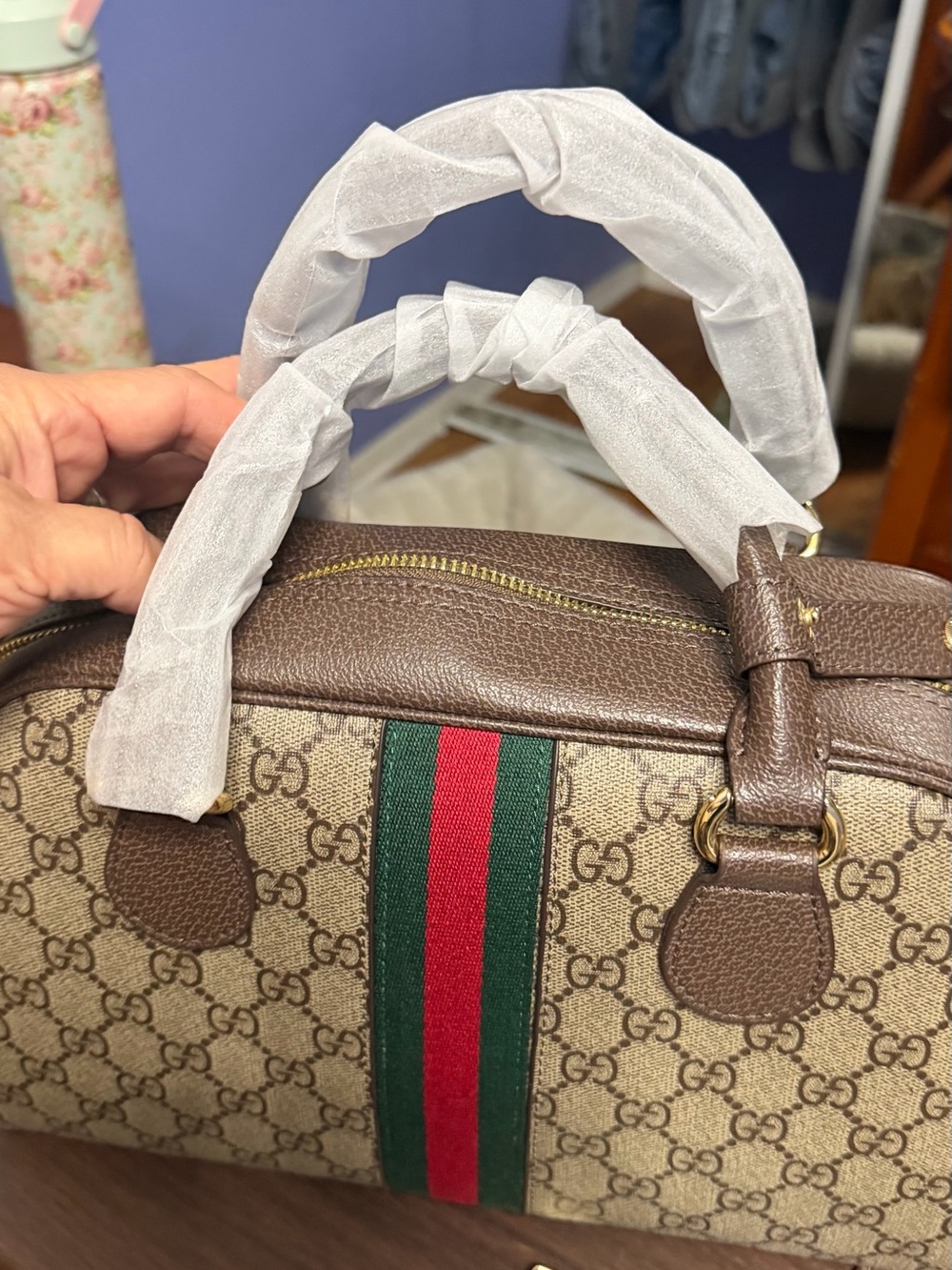 Fashion bag. 1:1 Gucci Brown GG Supreme Canvas Web Stripe Satchel. - Picture 7 of 15